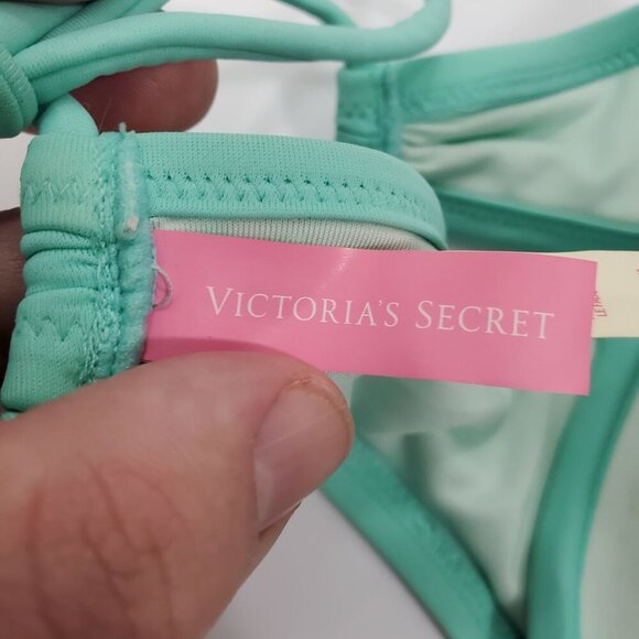 Victoria's Secret Aqua Tie Back Ruffle Padded Underwire Halter Bikini Top 32DD - Picture 3 of 8